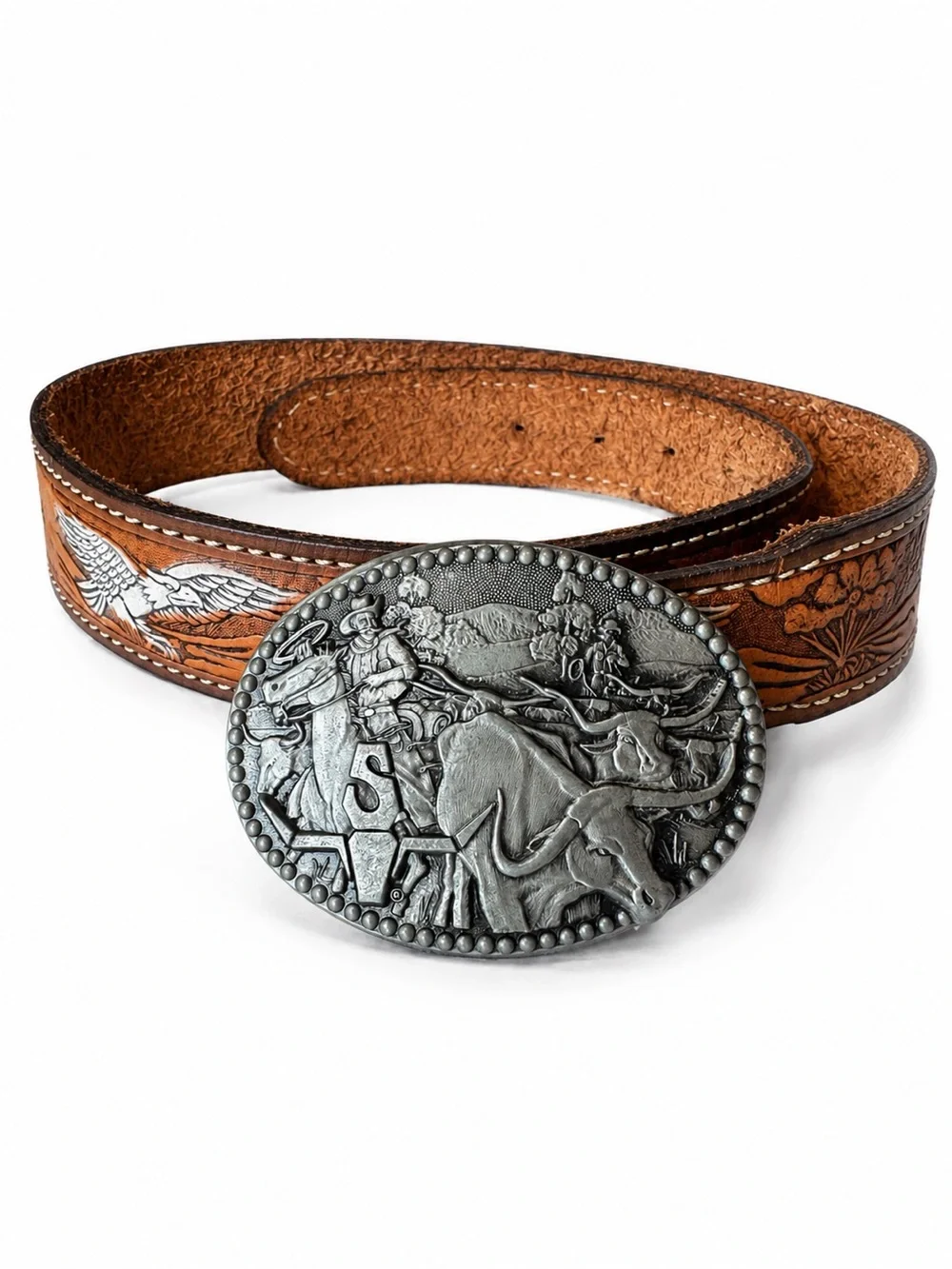 vintage zee series western leather belt with award design medals rodeo buckle ea